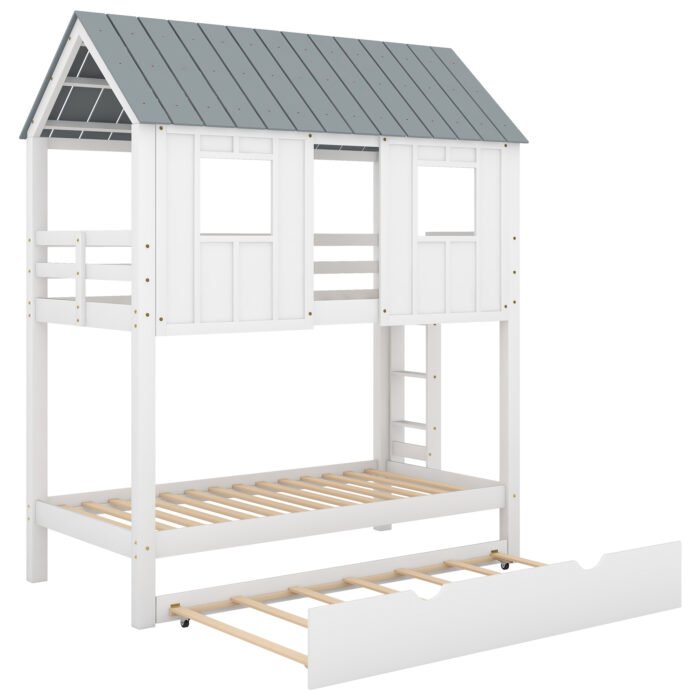 House Bunk Bed with Trundle with Roof and Windows White - Image 7