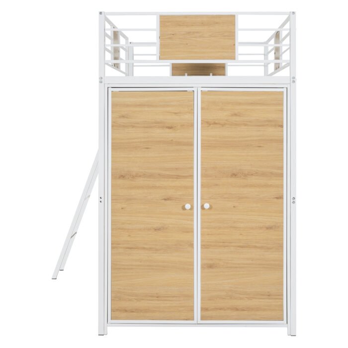 Twin Size Loft bed with L-shape Desk and Wardrobe, White - Image 11