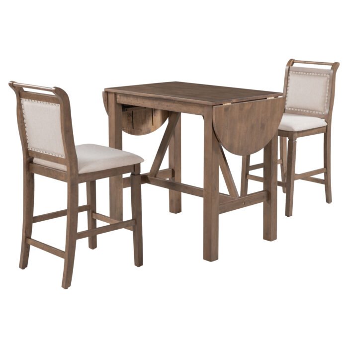 Wooden Counter Height Drop Leaf Dining Table with 2 Upholstered Chairs - Image 2