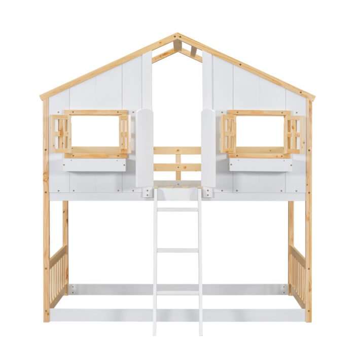 Twin over House Bunk Bed with Roof and Window and with Safety Guardrails and Ladder (Natural/White) - Image 10