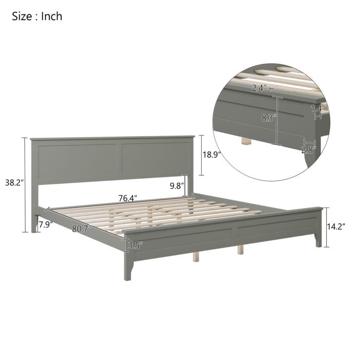 Modern Gray Solid Wood King Platform Bed - Image 2