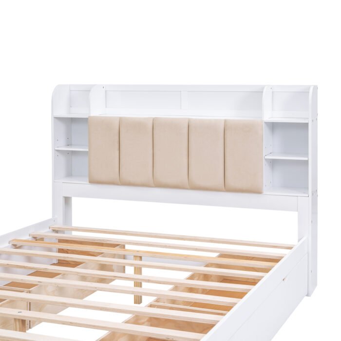 Wood Queen Size Platform Bed with Storage Headboard  Shelves and 4 Drawers  White - Image 10