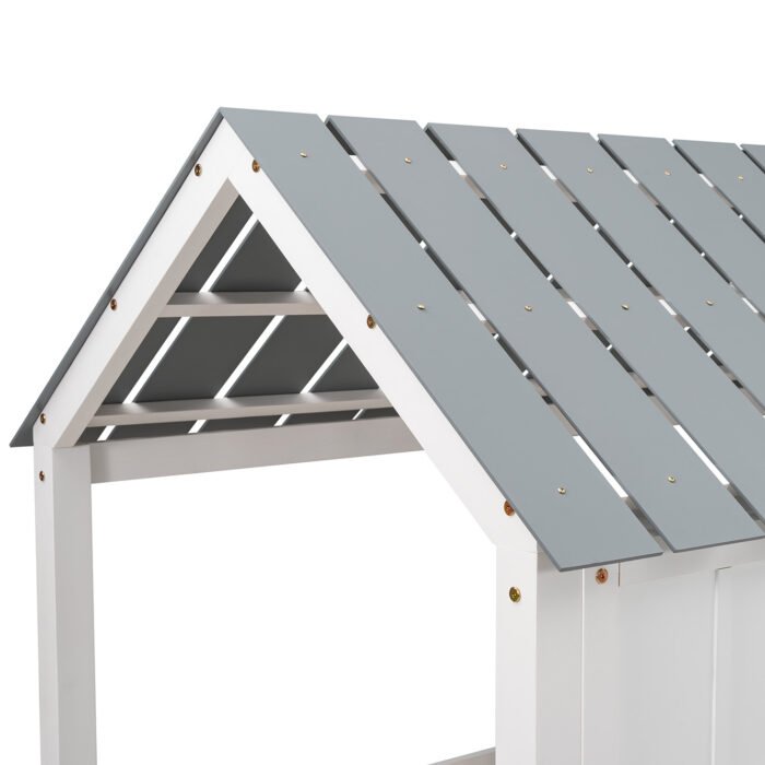 Twin Size Low Loft House Bed with Roof and Two Front Windows White - Image 11