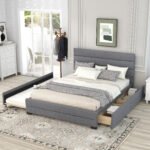 Queen Upholstered Platform Bed with Twin Size Trundle and Two Drawers
