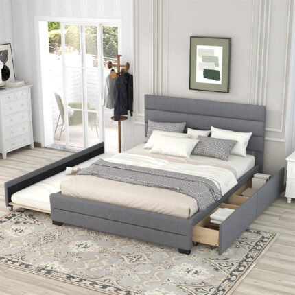 Queen Upholstered Platform Bed with Twin Size Trundle and Two Drawers