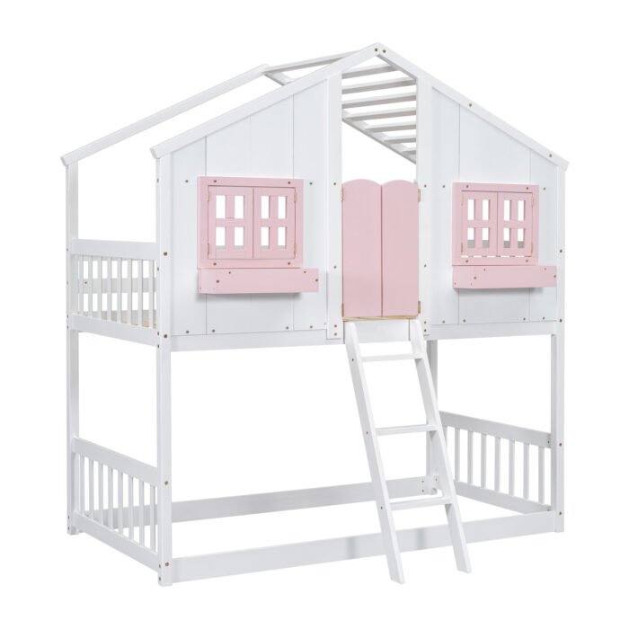 Twin over House Bunk Bed with Roof and Window and with Safety Guardrails and Ladder - Image 12