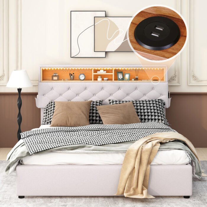 Queen Size Upholstered Platform Bed with Storage Headboard  LED  and 2 Drawers - Image 4