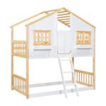 Twin over House Bunk Bed with Roof and Window and with Safety Guardrails and Ladder (Natural/White) - Image 4