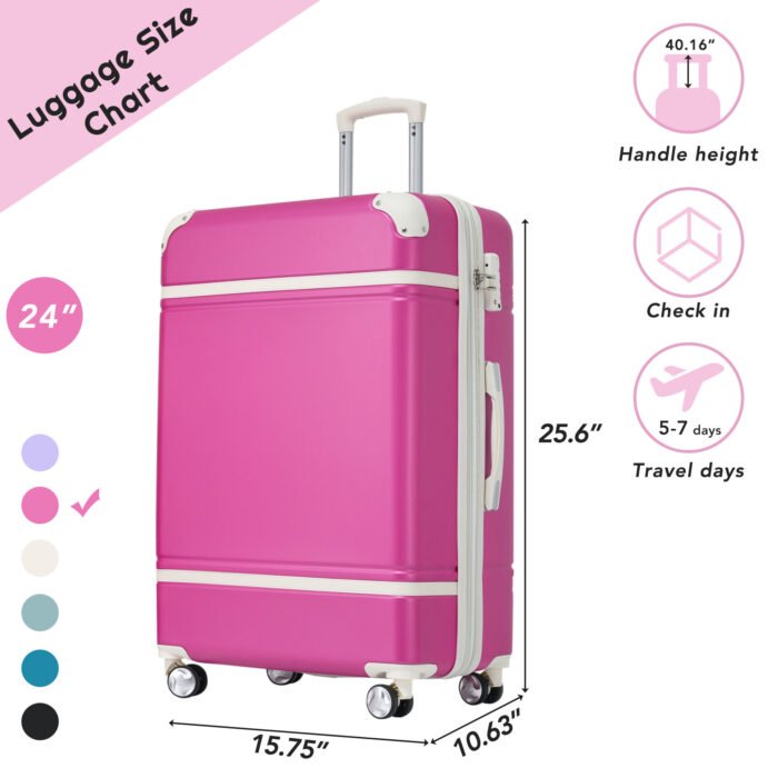 Expandable Lightweigh Single Vintage Luggage with TSA lock and Spinner Wheels (24) Pink - Image 6