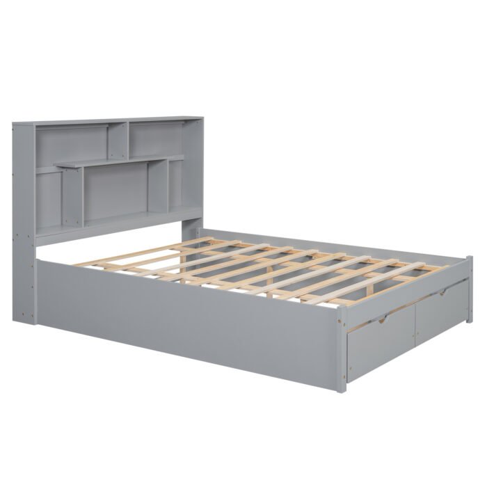 Queen Size Platform Bed with Storage Headboard and 2 Drawers, Gray - Image 11
