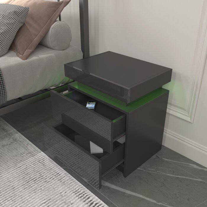 Modern Black Nightstand with LED light and 3 drawers - Image 3