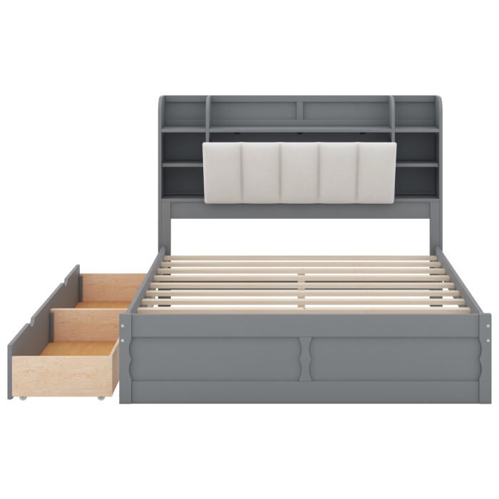 Queen Size Wooden Platform Bed with Storage Headboard  Shelves and 2 Drawers - Image 10