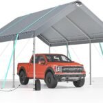 Portable car garage tent with adjustable height and metal roof