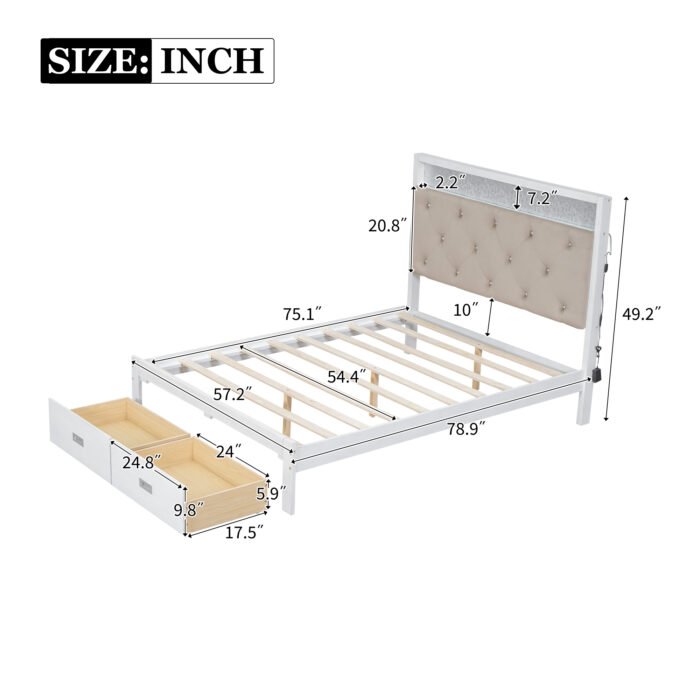 Wooden Full Size Platform Bed with Upholstered Headboard and LED - Image 4