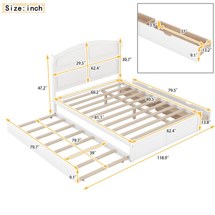 Wood Queen Size Platform Bed with Twin Size Trundle and 2 Drawers - Image 6