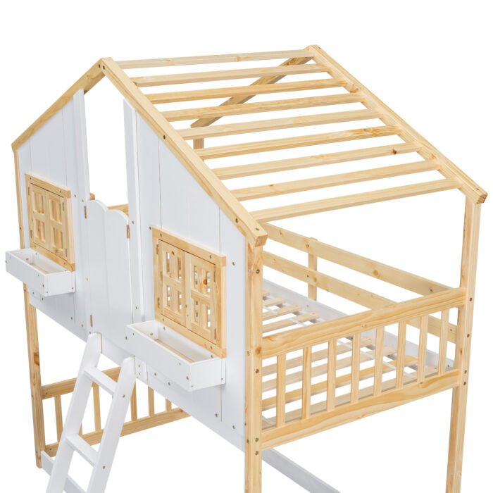 Twin over House Bunk Bed with Roof and Window and with Safety Guardrails and Ladder (Natural/White) - Image 19