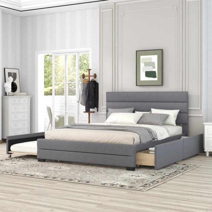 Queen Upholstered Platform Bed with Twin Size Trundle and Two Drawers - Image 3