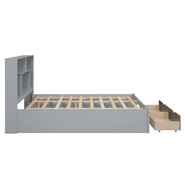 Queen Size Platform Bed with Storage Headboard and 2 Drawers, Gray - Image 7