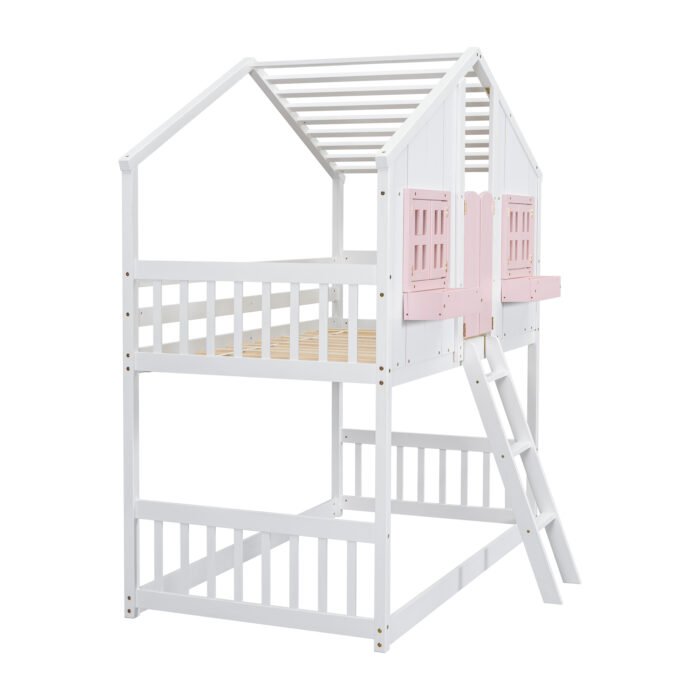 Twin over House Bunk Bed with Roof and Window and with Safety Guardrails and Ladder - Image 17