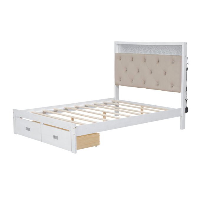 Wooden Full Size Platform Bed with Upholstered Headboard and LED - Image 6