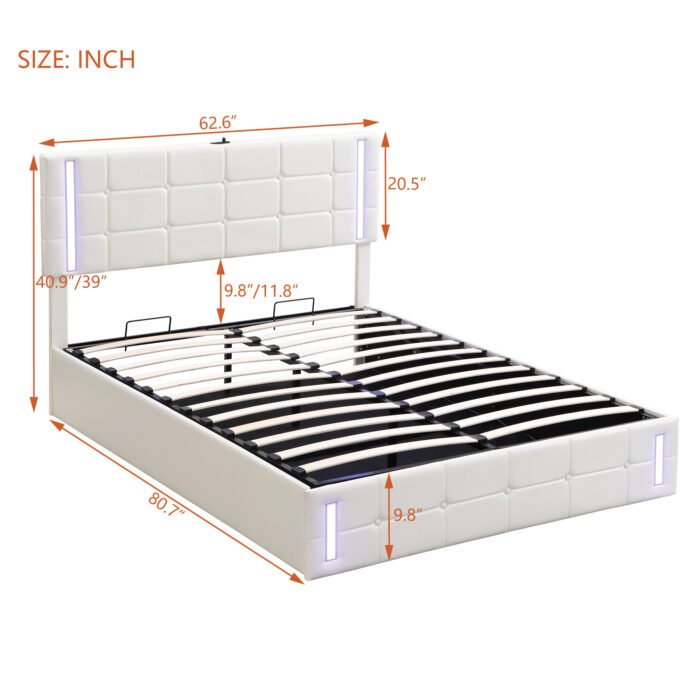 Queen Size Upholstered Bed with LED Lights Hydraulic Storage System and USB Charging Station White - Image 6