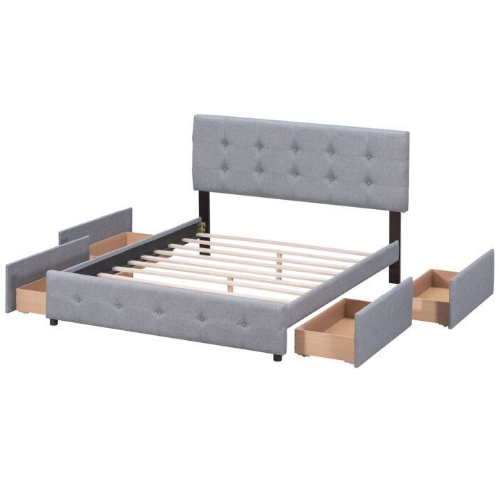 Queen Size  Upholstered Platform Bed with Classic Headboard and 4 Drawers - Image 7
