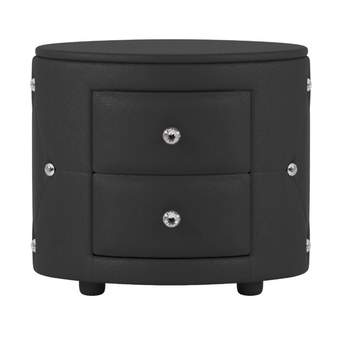 Elegant PU Nightstand with 2 Drawers and Crystal Handle Black - Image 8