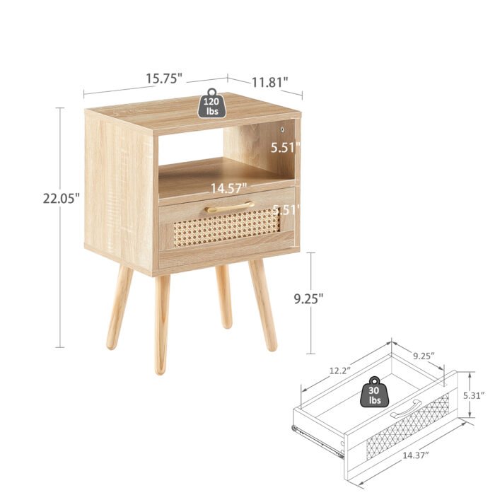 Wooden and Rattan Nightstand with drawer Natural Color - Image 6