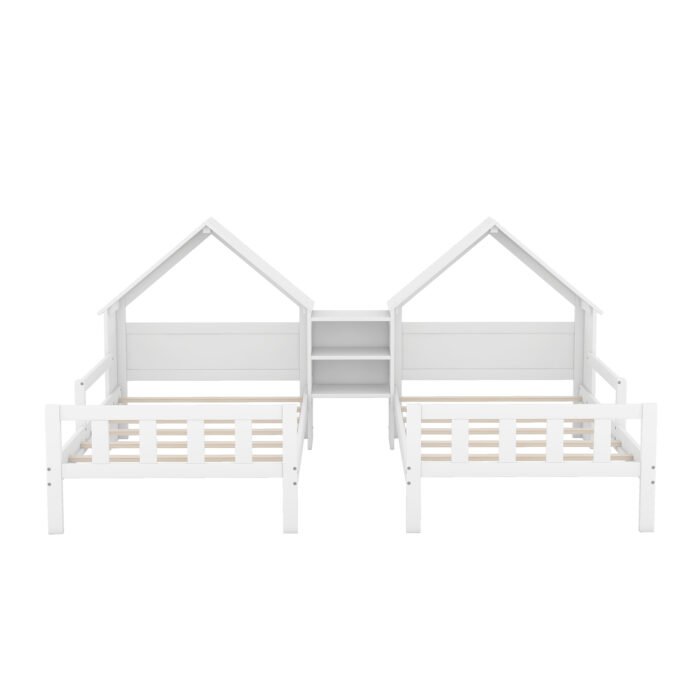 Double Twin Size Platform Bed with House-shaped Headboard and a Nightstand - Image 6