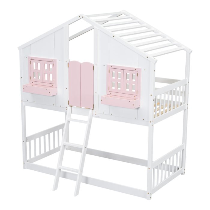Twin over House Bunk Bed with Roof and Window and with Safety Guardrails and Ladder - Image 15