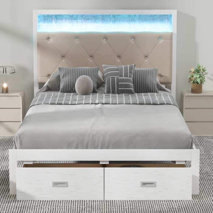 Wooden Full Size Platform Bed with Upholstered Headboard and LED - Image 2