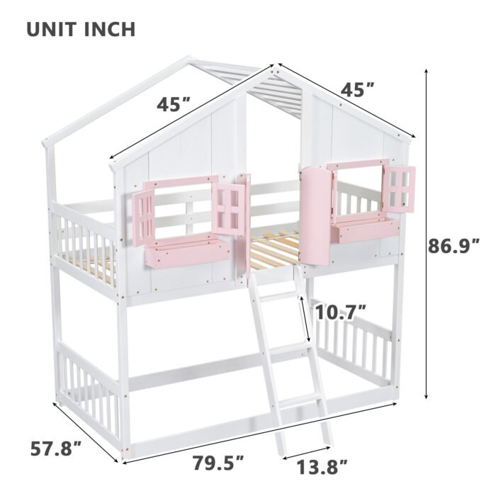 Twin over House Bunk Bed with Roof and Window and with Safety Guardrails and Ladder - Image 6