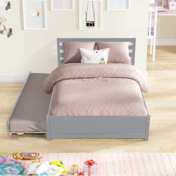 Full Size Wood Platform Bed Frame with Headboard and Twin Trundle - Image 3