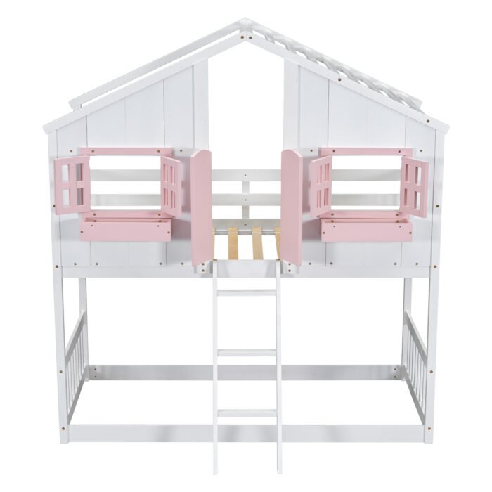 Twin over House Bunk Bed with Roof and Window and with Safety Guardrails and Ladder - Image 14