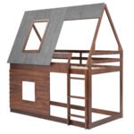 Wood Twin Size House Bunk Bed with Roof, Ladder and 2 Windows - Image 8