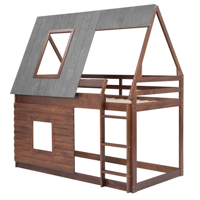 Wood Twin Size House Bunk Bed with Roof, Ladder and 2 Windows - Image 8