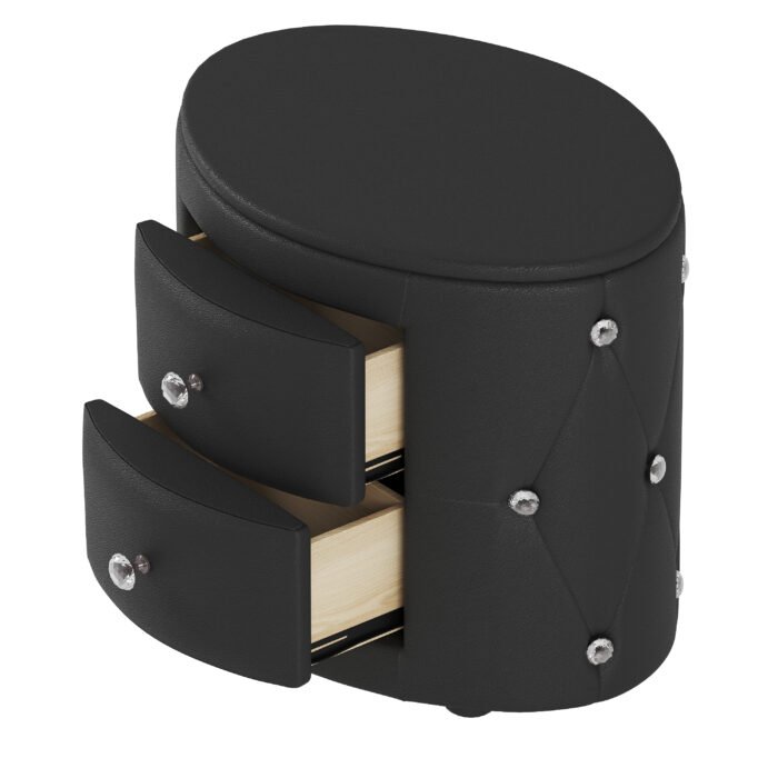 Elegant PU Nightstand with 2 Drawers and Crystal Handle Black - Image 6