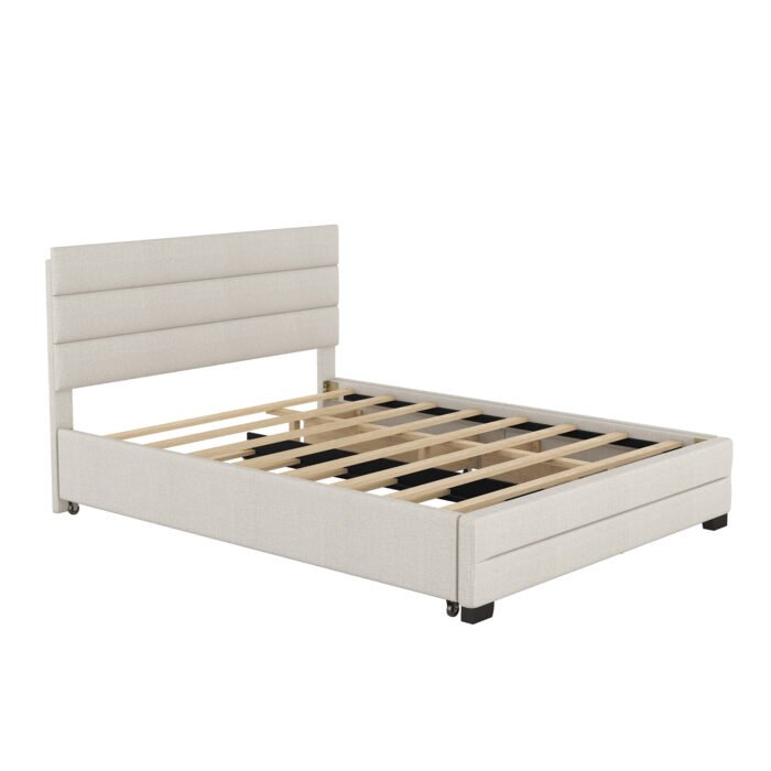 Queen Upholstered Platform Bed with Twin Size Trundle and Two Drawers - Image 13