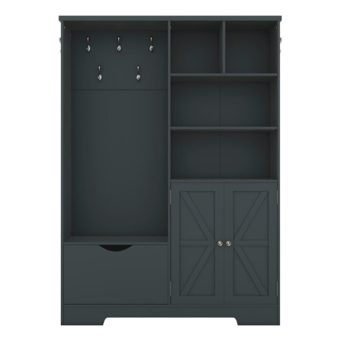 Multi-functional Coat Rack with Storage Shelves Drawers and Bench - Image 9