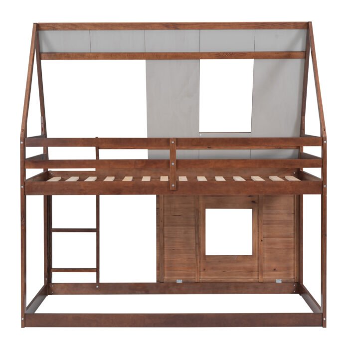 Wood Twin Size House Bunk Bed with Roof, Ladder and 2 Windows - Image 9
