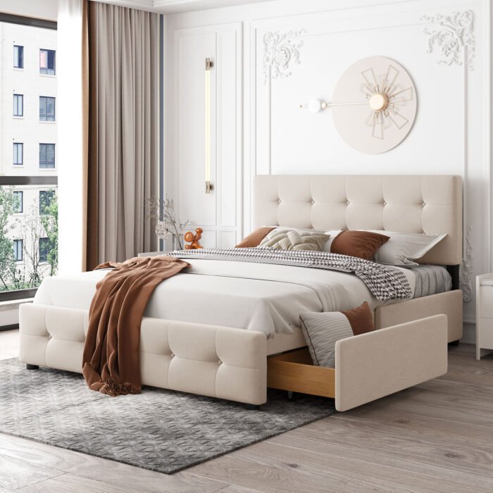 Queen Size Upholstered Platform Bed with Classic Linen Headboard and 4 Drawers - Image 2