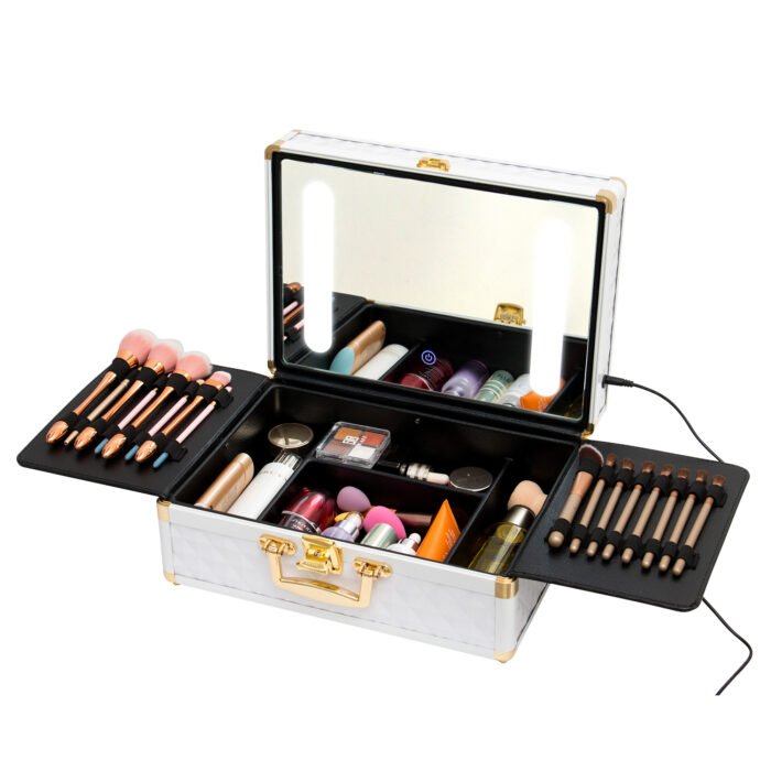 Portable makeup case with LED mirror and brush holder - Image 16