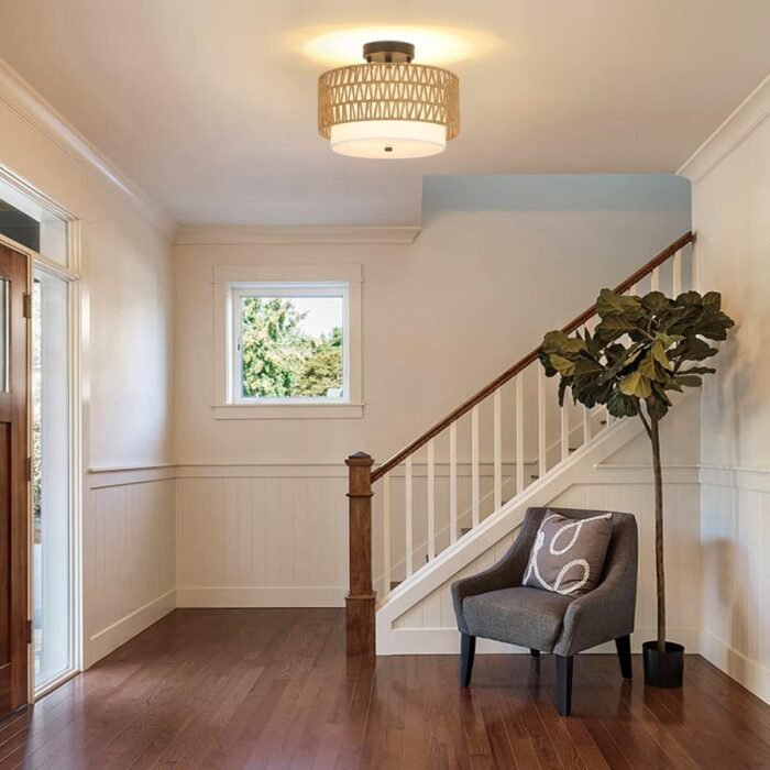 Boho Rattan Semi Flush Mount Ceiling Light Fixture (3-Light) - Image 4