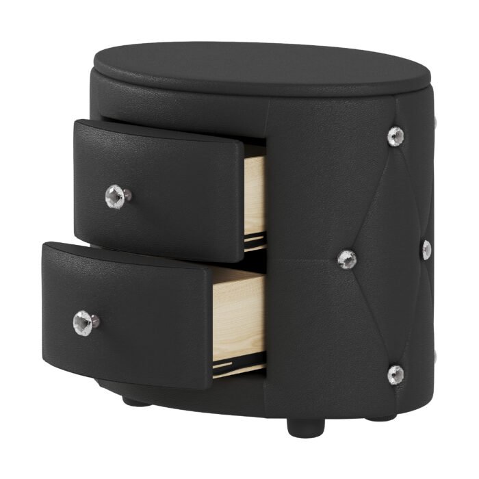 Elegant PU Nightstand with 2 Drawers and Crystal Handle Black - Image 9