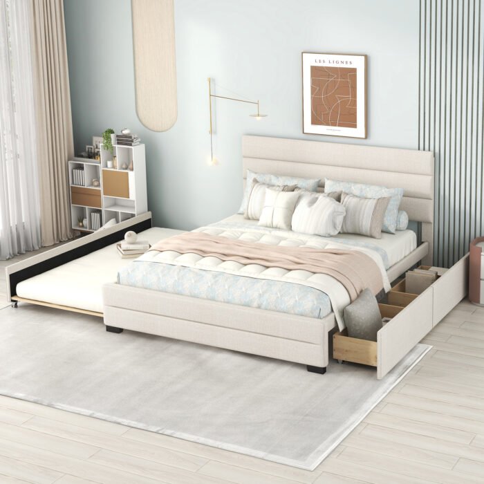 Queen Upholstered Platform Bed with Twin Size Trundle and Two Drawers - Image 2