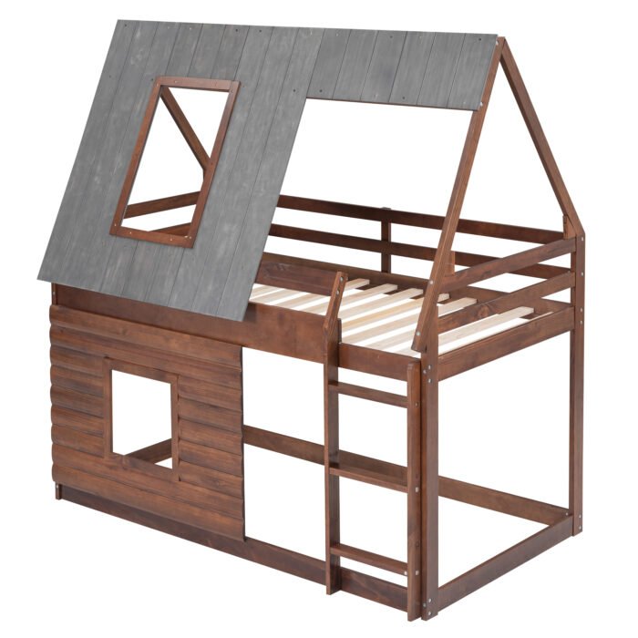 Wood Twin Size House Bunk Bed with Roof, Ladder and 2 Windows - Image 4