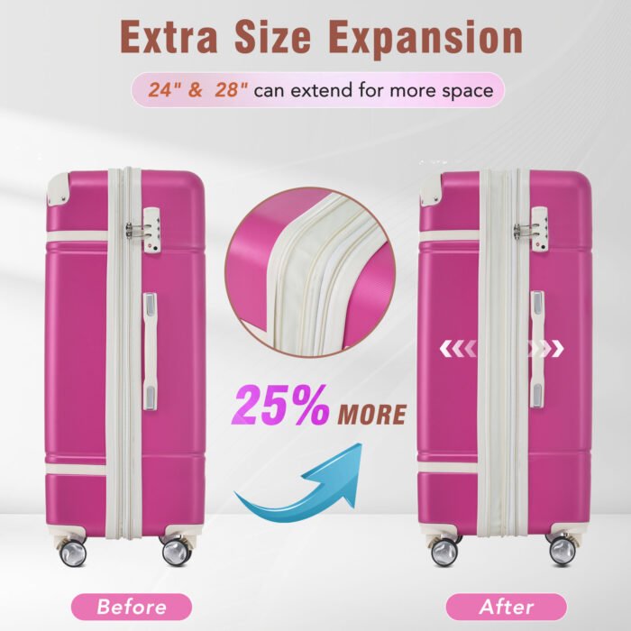 Expandable Lightweigh Single Vintage Luggage with TSA lock and Spinner Wheels (24) Pink - Image 3
