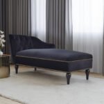 Velvet right arm Chaise Longue with button cluster and solid wood legs