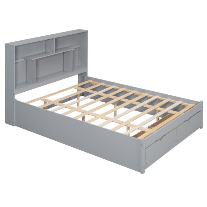 Queen Size Platform Bed with Storage Headboard and 2 Drawers, Gray - Image 10