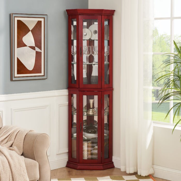 Corner Curio cabinet with illuminated tempered glass and adjustable brackets - Image 4